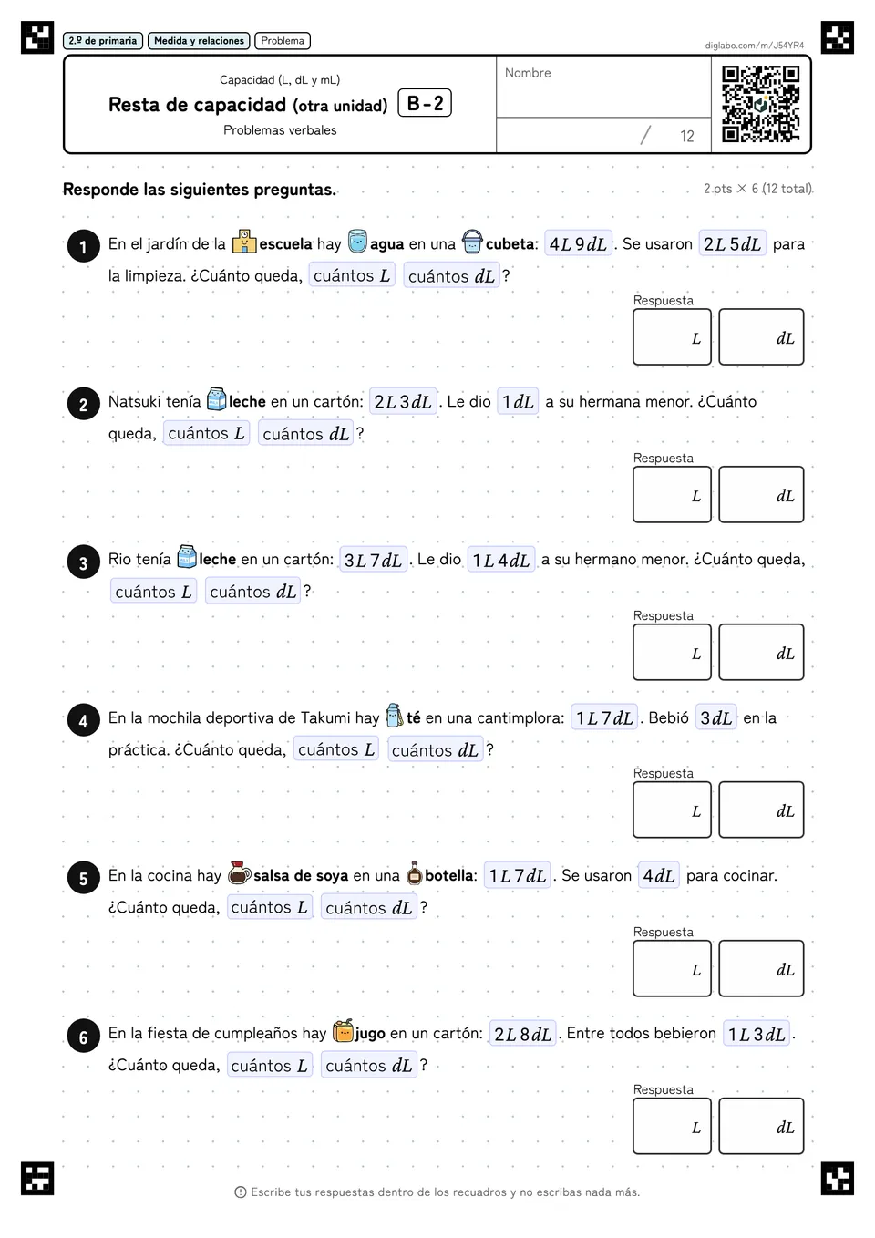 2.º de primaria Capacidad (L, dL y mL) Resta de capacidad (otra unidad)