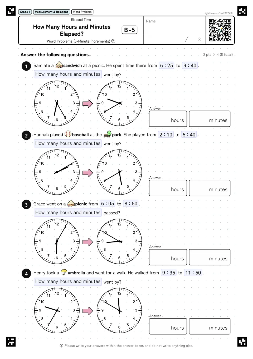 Grade 1 (Elementary School) Elapsed Time How Many Hours and Minutes Elapsed?