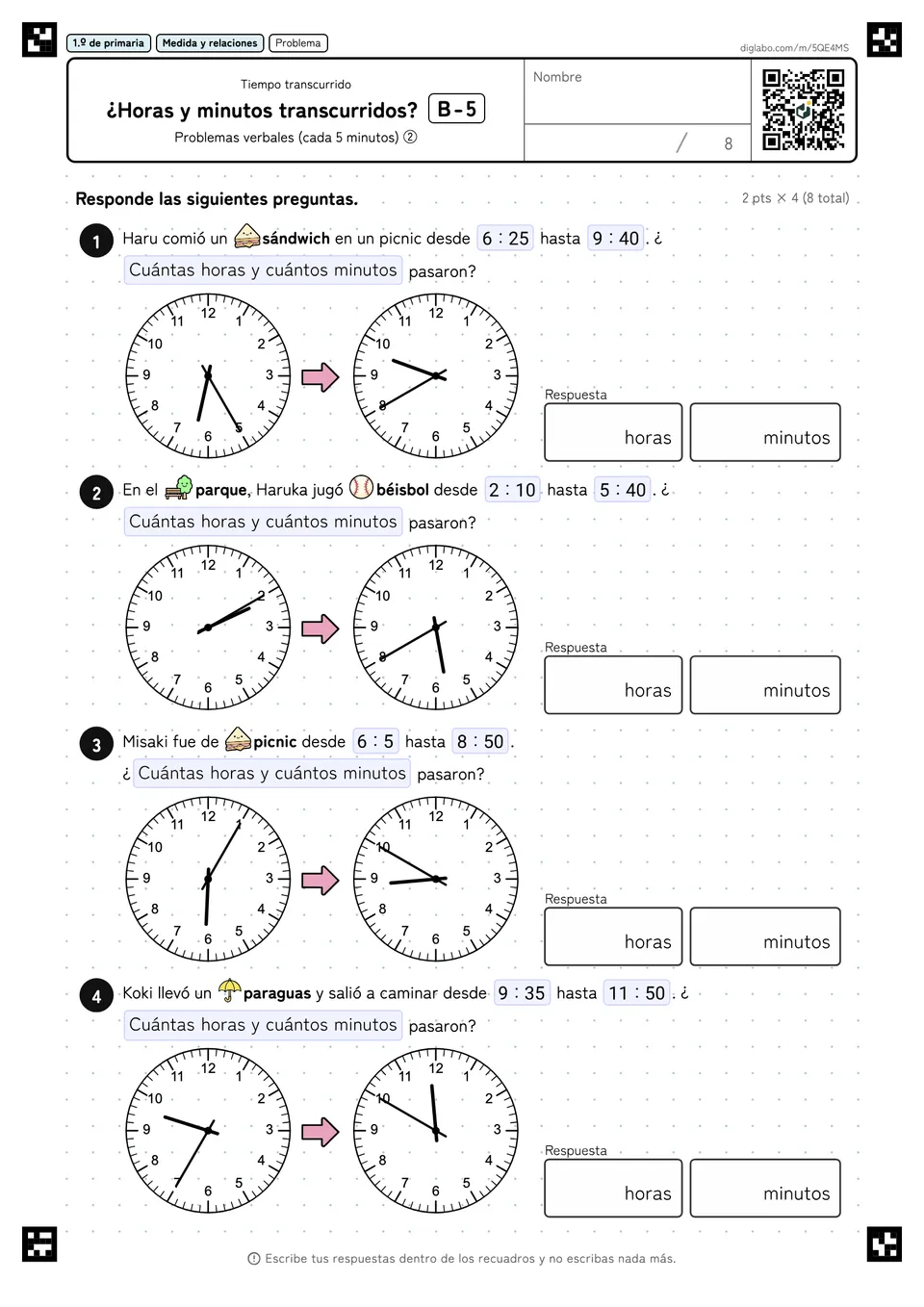 1.º de primaria Tiempo transcurrido ¿Horas y minutos transcurridos?
