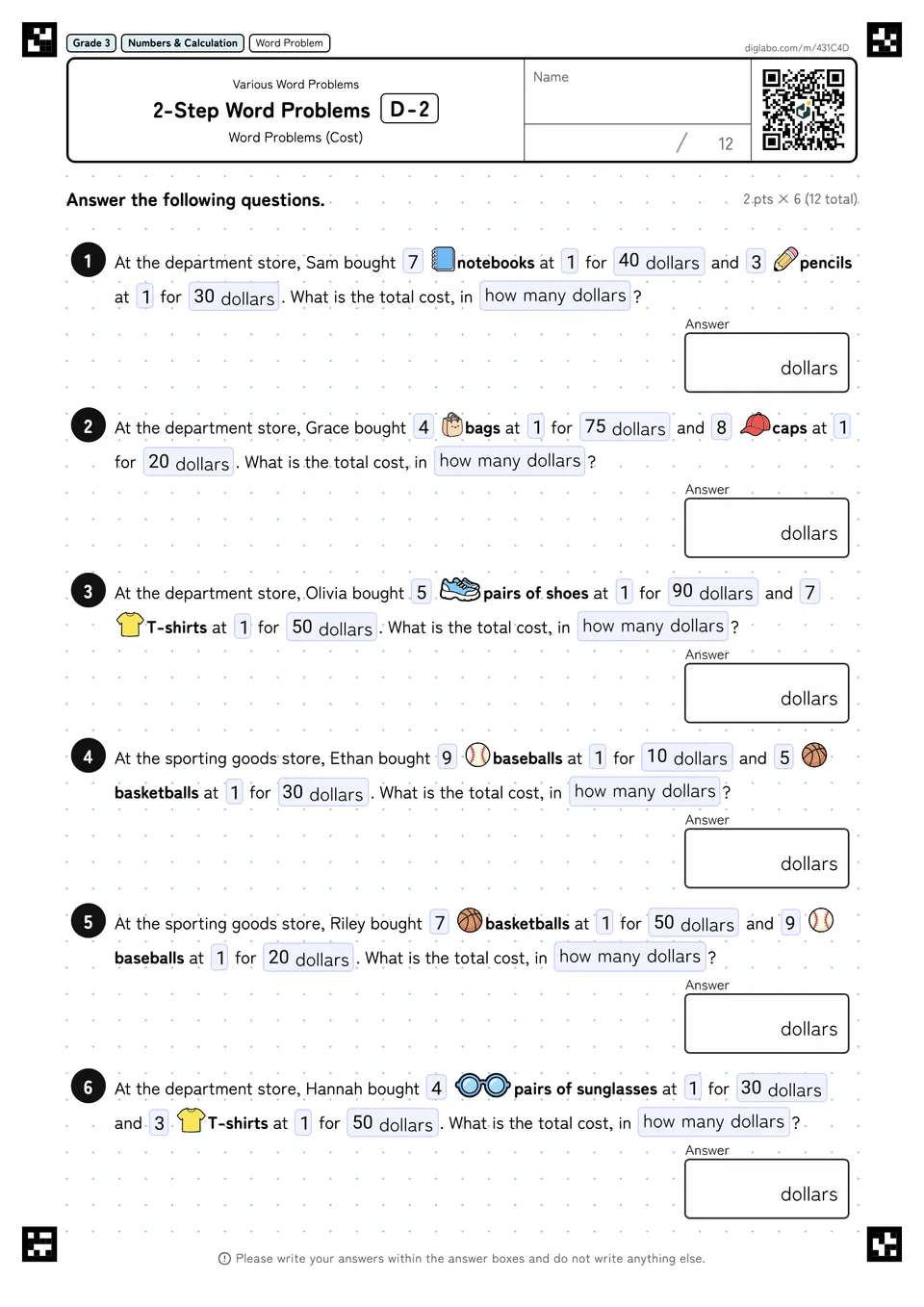 Grade 3 (Elementary School) Various Word Problems 2-Step Word Problems