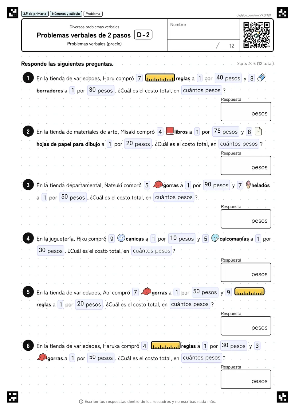 3.º de primaria Diversos problemas verbales Problemas verbales de 2 pasos