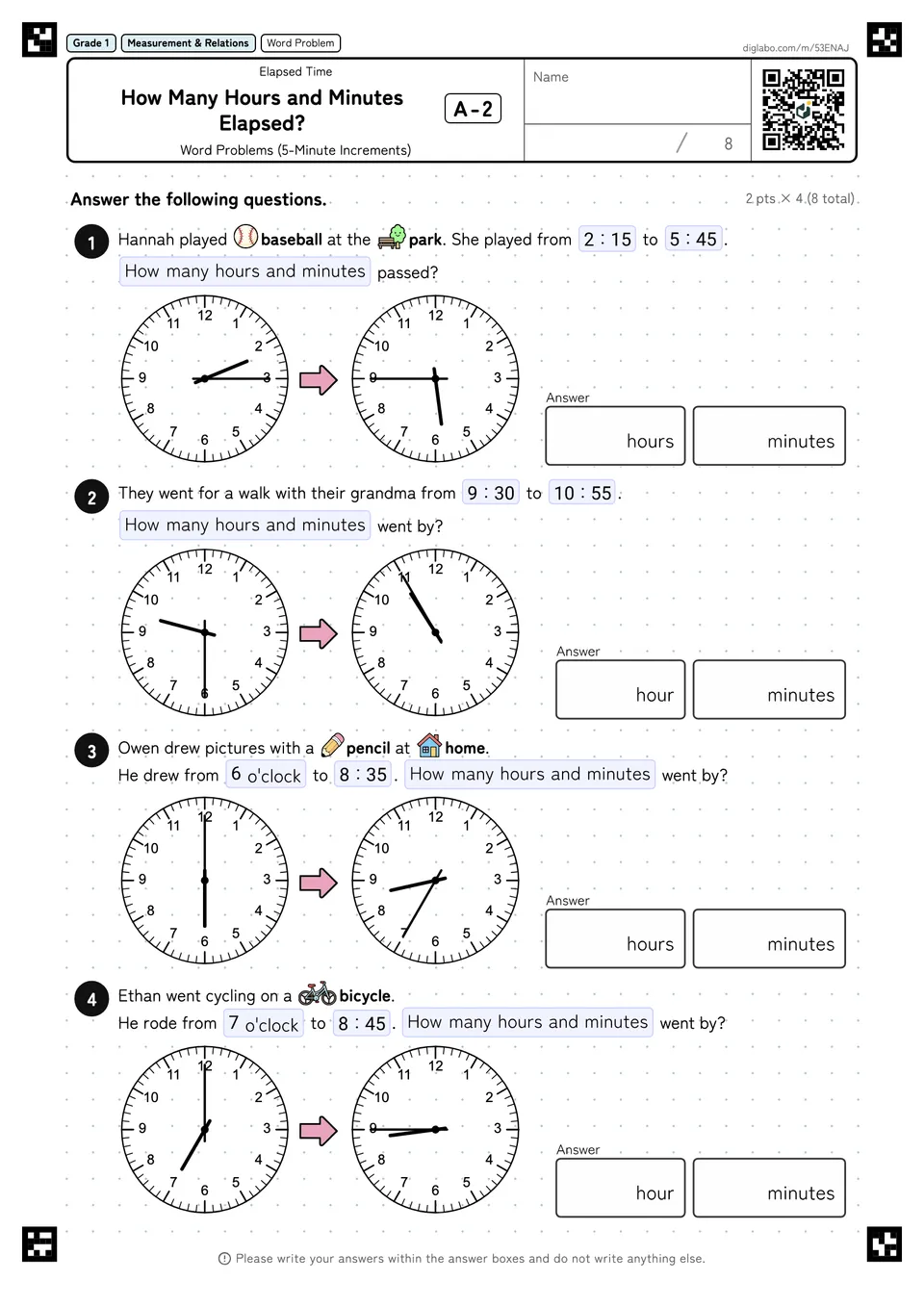 Grade 1 (Elementary School) Elapsed Time How Many Hours and Minutes Elapsed?