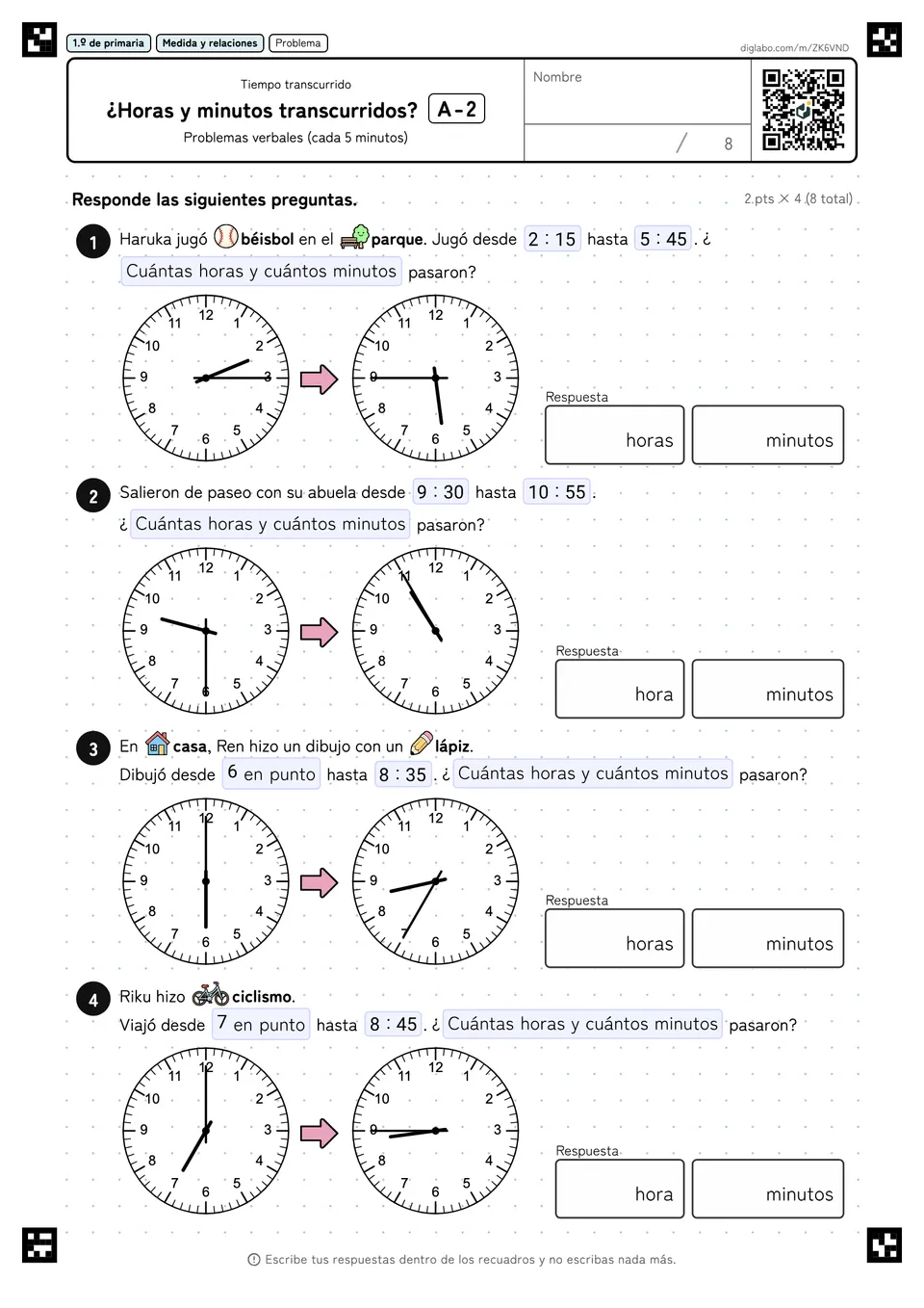 1.º de primaria Tiempo transcurrido ¿Horas y minutos transcurridos?