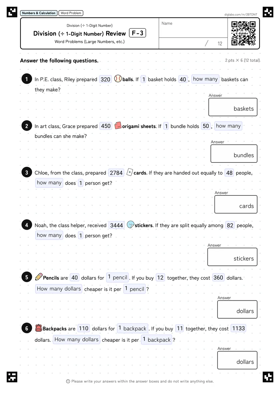 Division (÷ 1-Digit Number) Review F-3