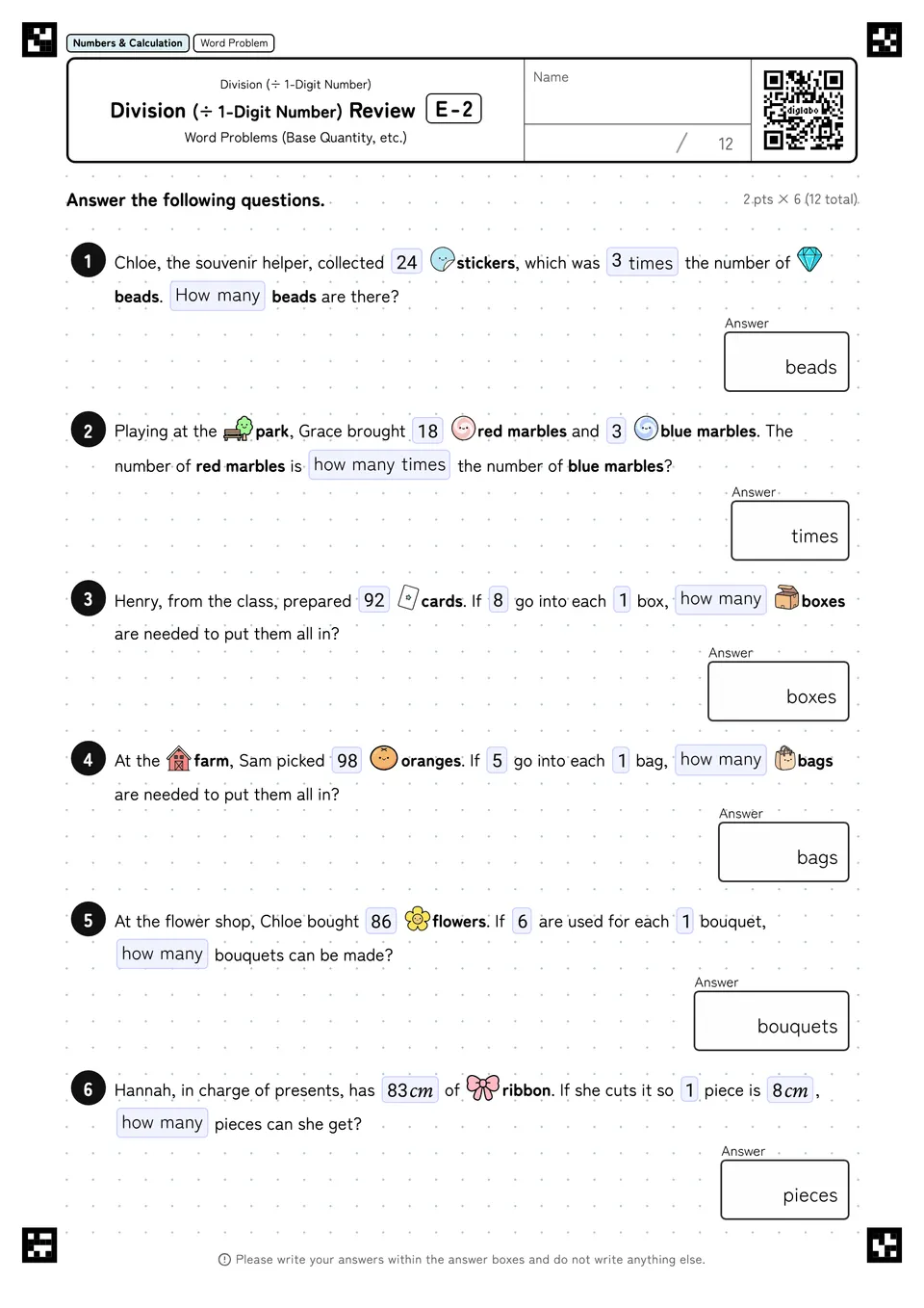 Division (÷ 1-Digit Number) Review E-2