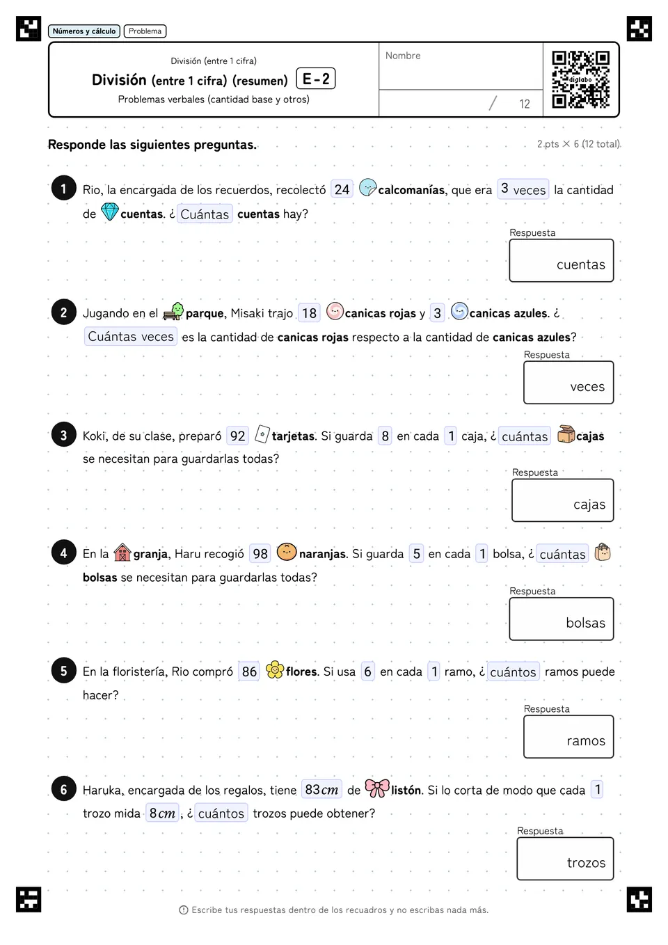 División (entre 1 cifra) (resumen) E-2