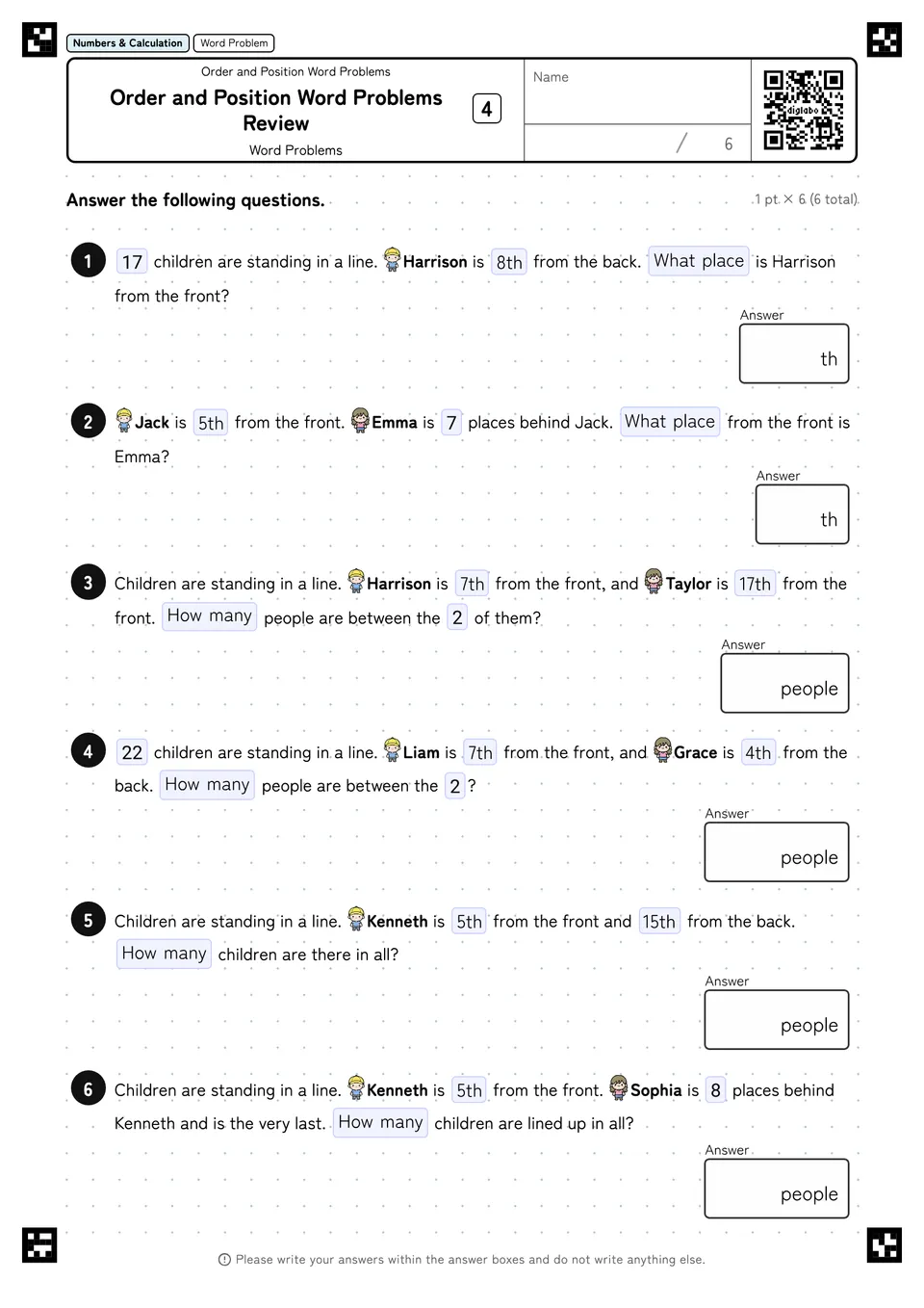 Order and Position Word Problems Review 4