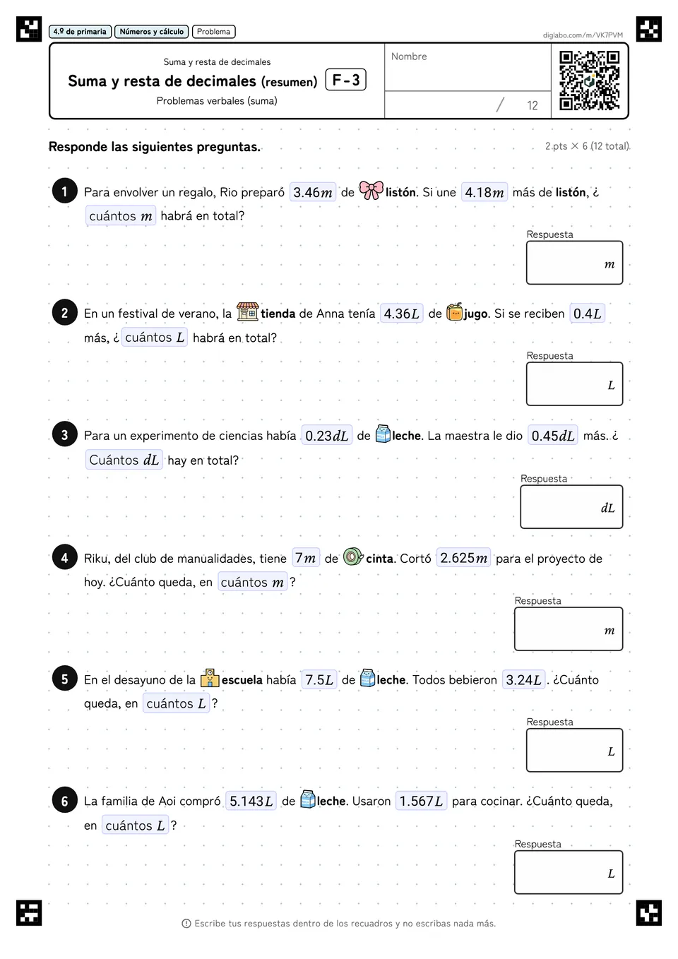 4.º de primaria Suma y resta de decimales Suma y resta de decimales (resumen)