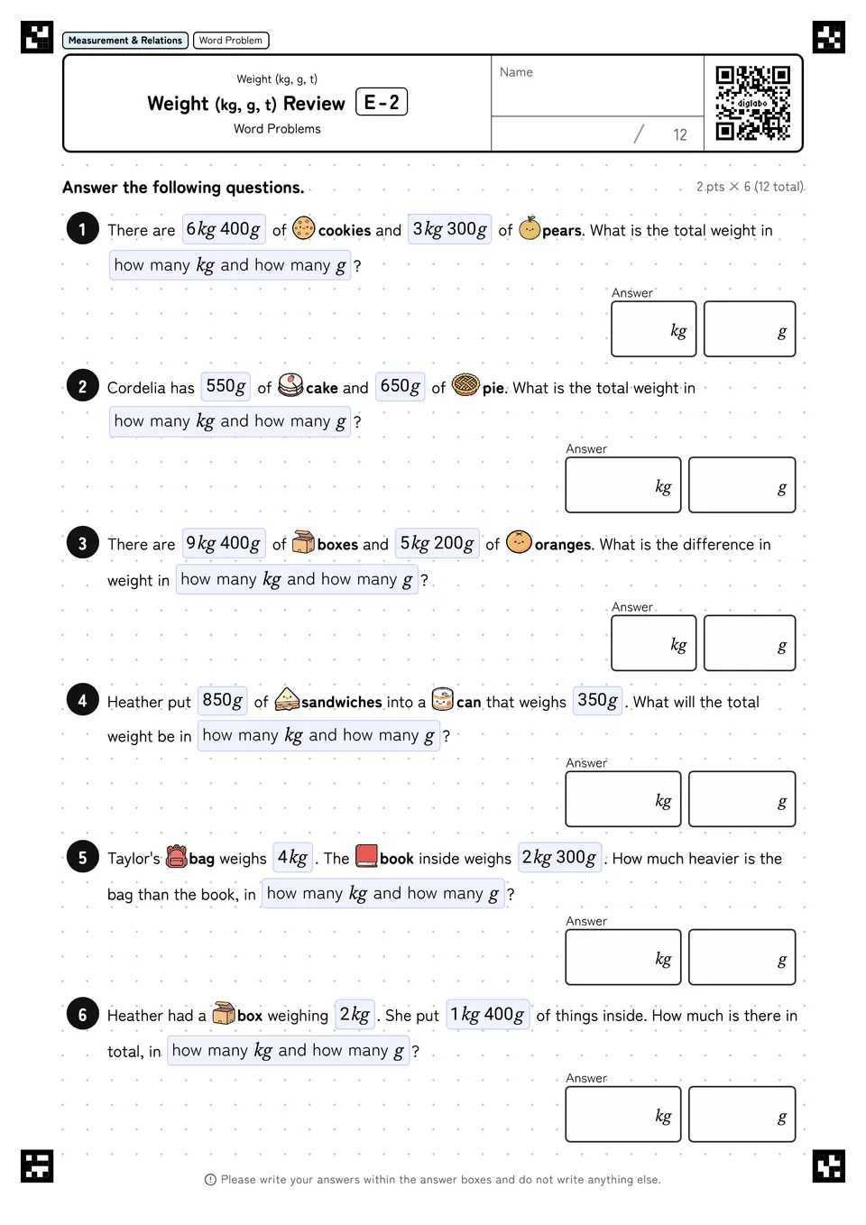Weight (kg, g, t) Review E-2