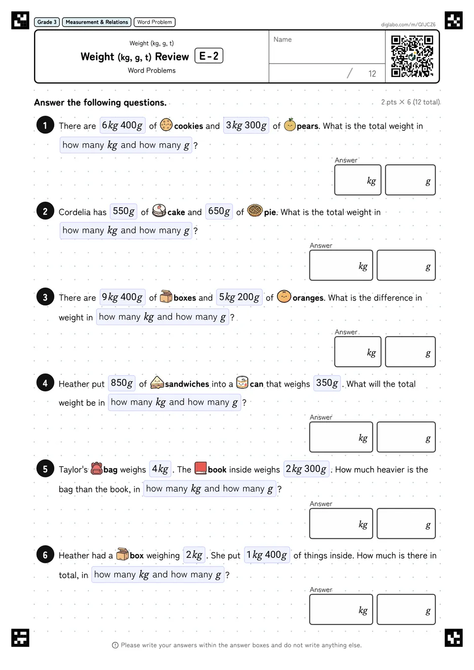 Grade 3 (Elementary School) Weight (kg, g, t) Weight (kg, g, t) Review