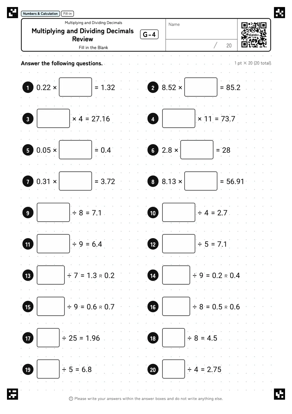 Multiplying and Dividing Decimals Review G-4