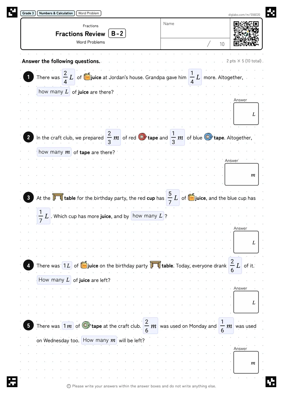 Grade 3 (Elementary School) Fractions Fractions Review