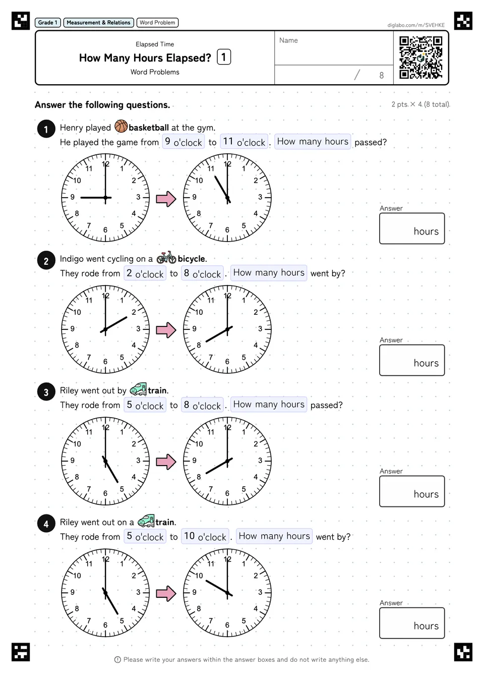 Grade 1 (Elementary School) Elapsed Time How Many Hours Elapsed?