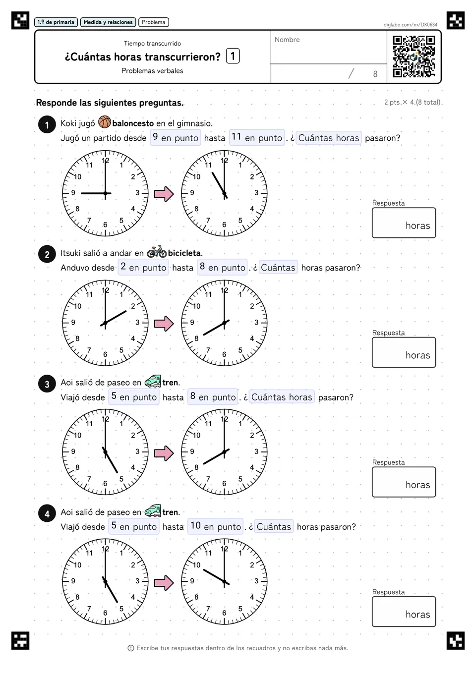 1.º de primaria Tiempo transcurrido ¿Cuántas horas transcurrieron?