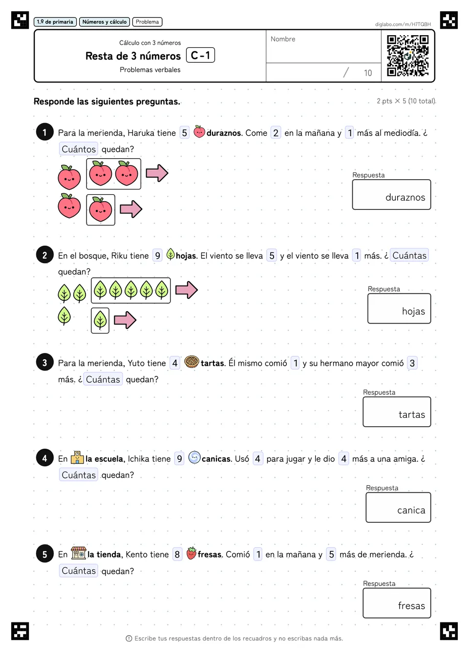 1.º de primaria Cálculo con 3 números Resta de 3 números