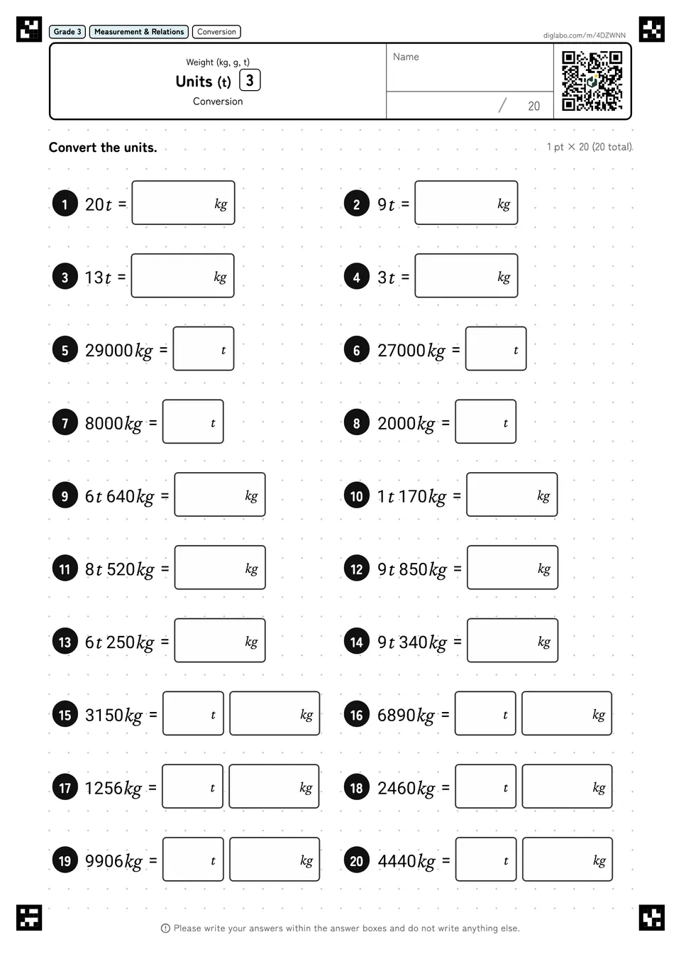 Grade 3 (Elementary School) Weight (kg, g, t) Units (t)