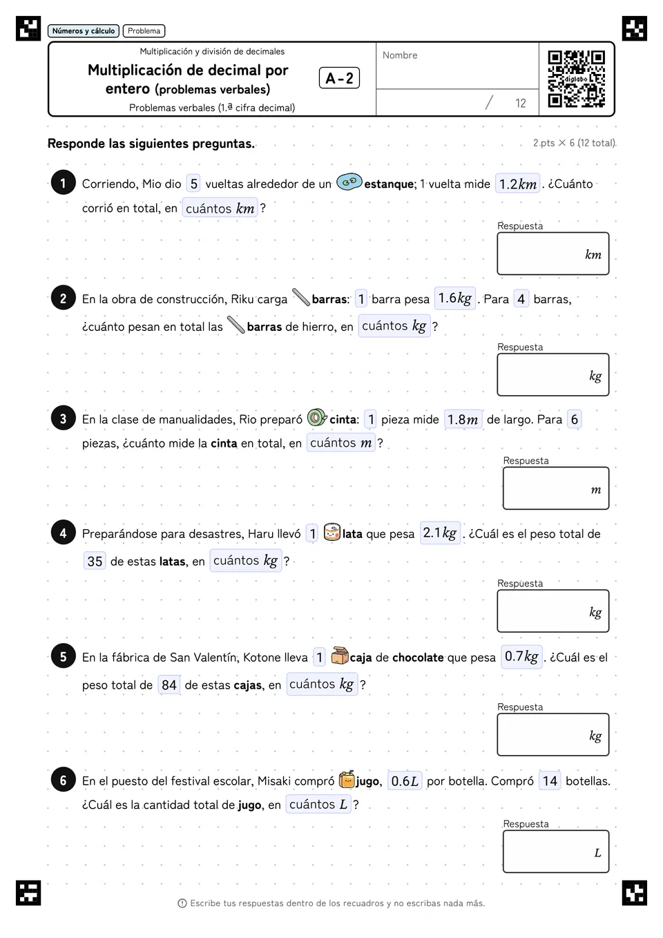 Multiplicación de decimal por entero (problemas verbales) A-2