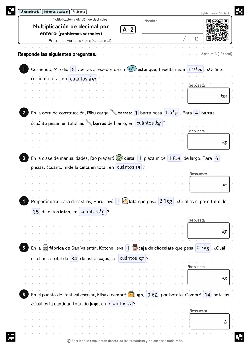4.º de primaria Multiplicación y división de decimales Multiplicación de decimal por entero (problemas verbales)