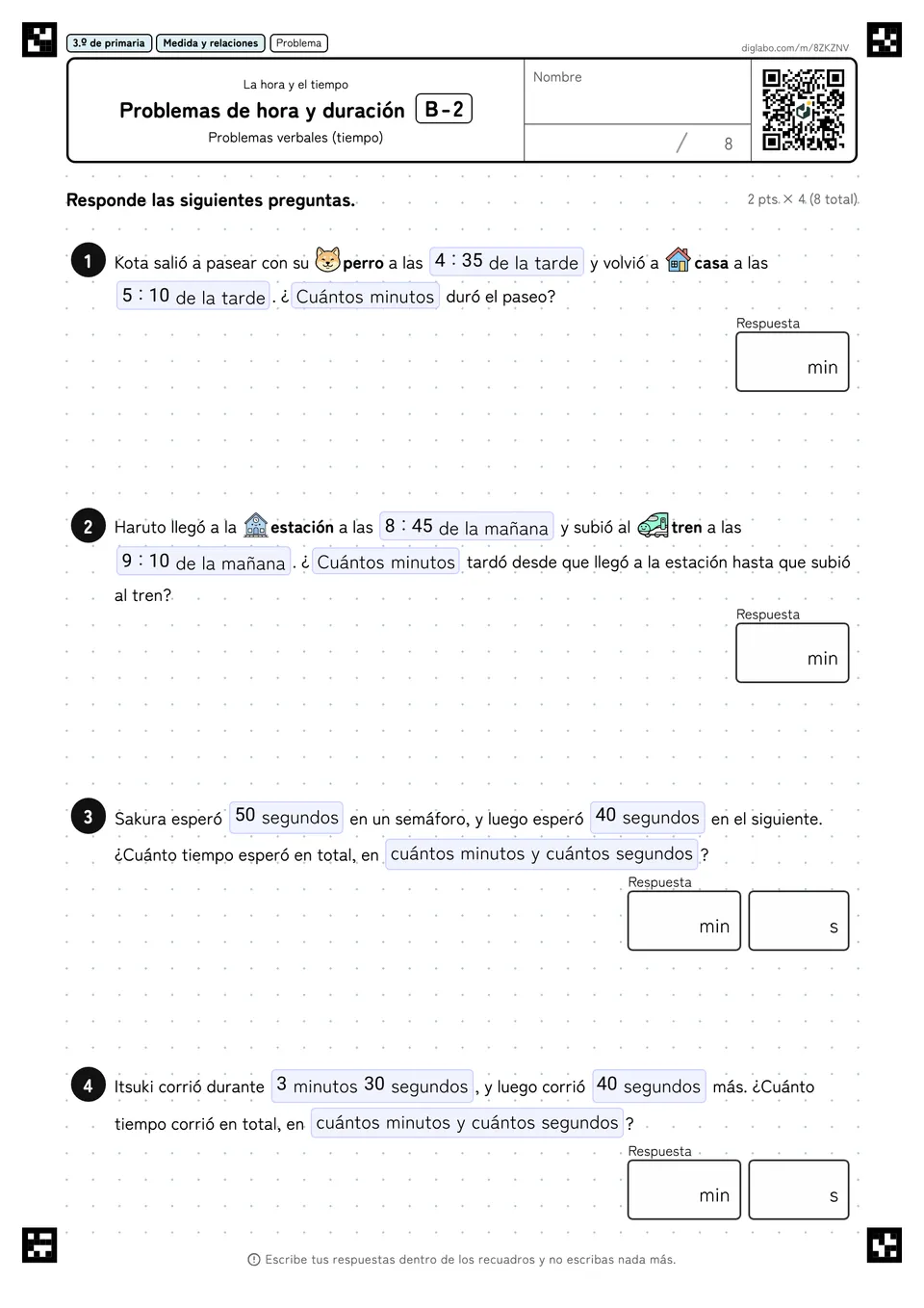 3.º de primaria La hora y el tiempo Problemas de hora y duración