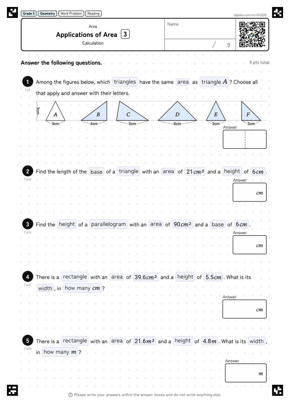 Grade 5 (Elementary School) Area Applications of Area