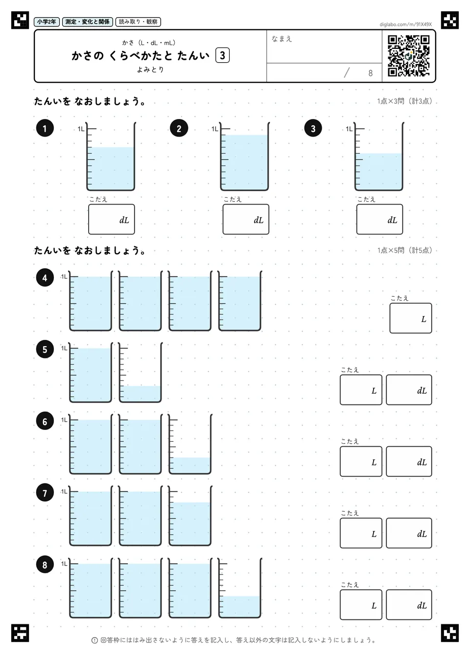 小学2年 かさ(L・dL・mL) かさの くらべかたと たんい