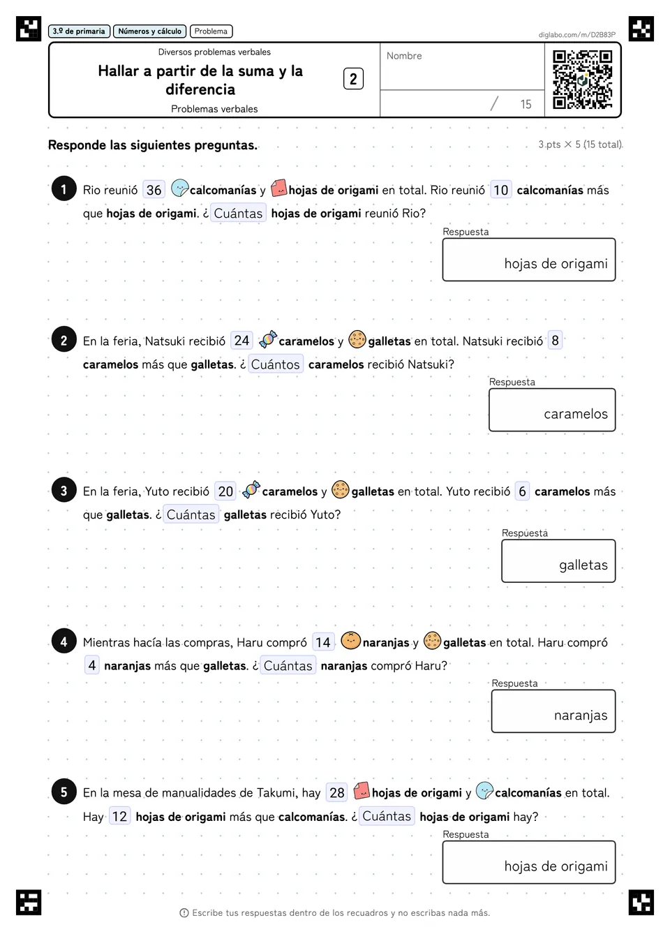 3.º de primaria Diversos problemas verbales Hallar a partir de la suma y la diferencia