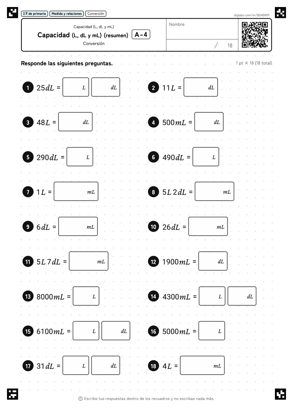 2.º de primaria Capacidad (L, dL y mL) Capacidad (L, dL y mL) (resumen)