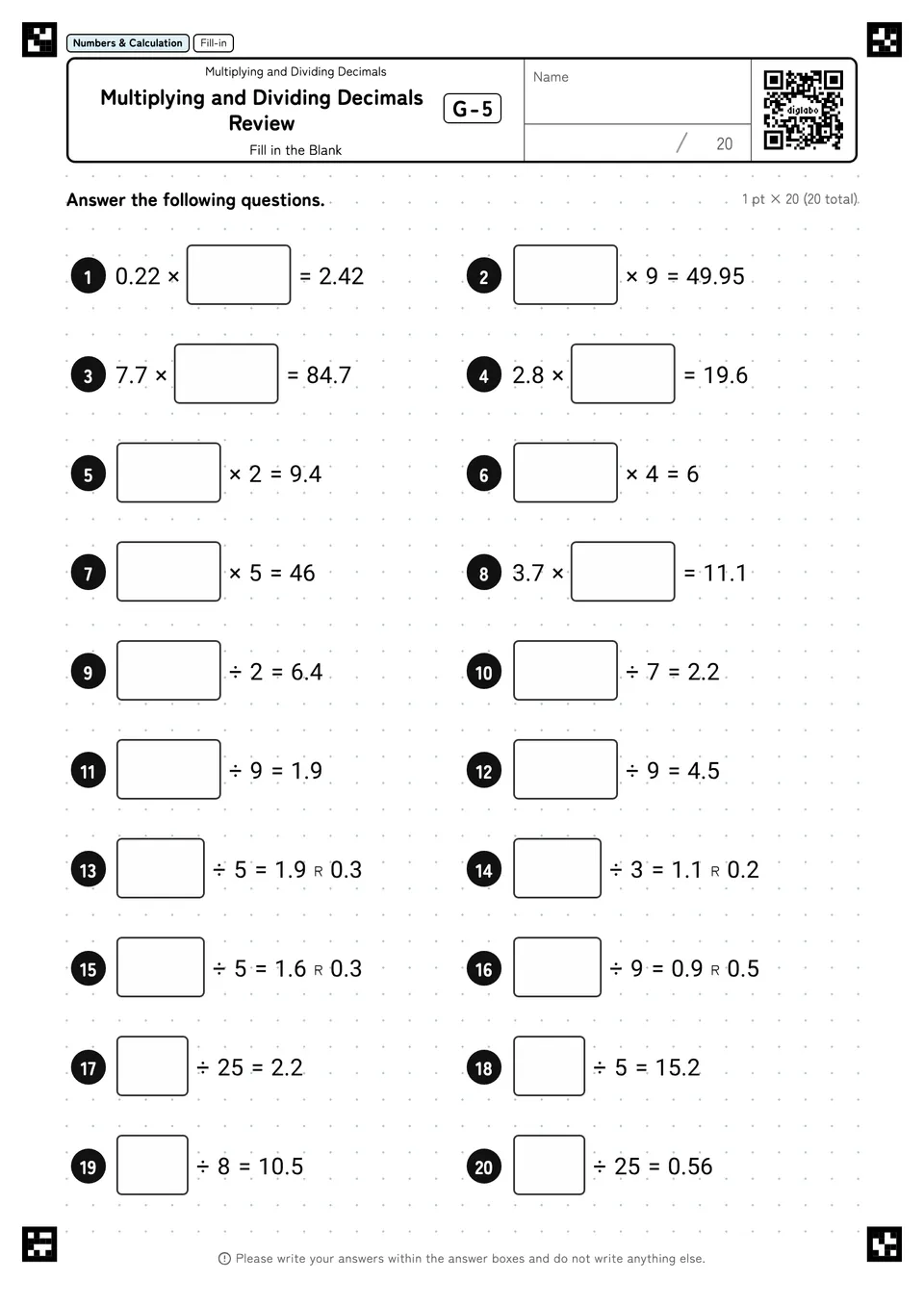Multiplying and Dividing Decimals Review G-5