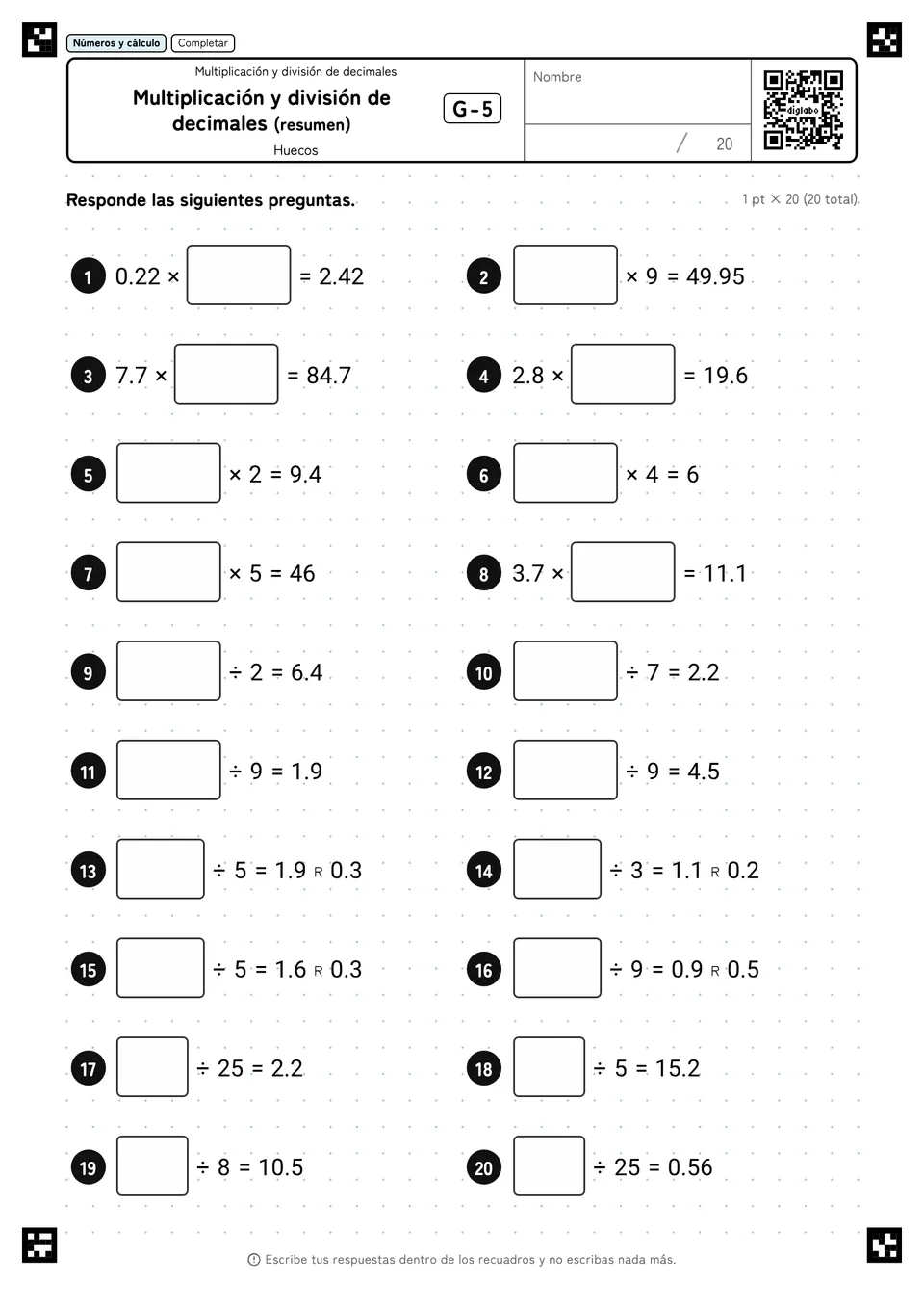 Multiplicación y división de decimales (resumen) G-5