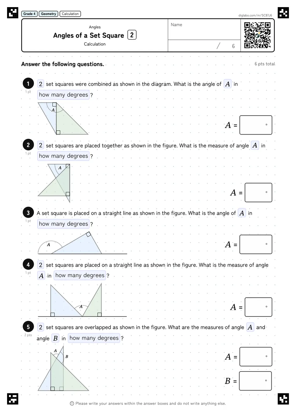 Grade 4 (Elementary School) Angles Angles of a Set Square