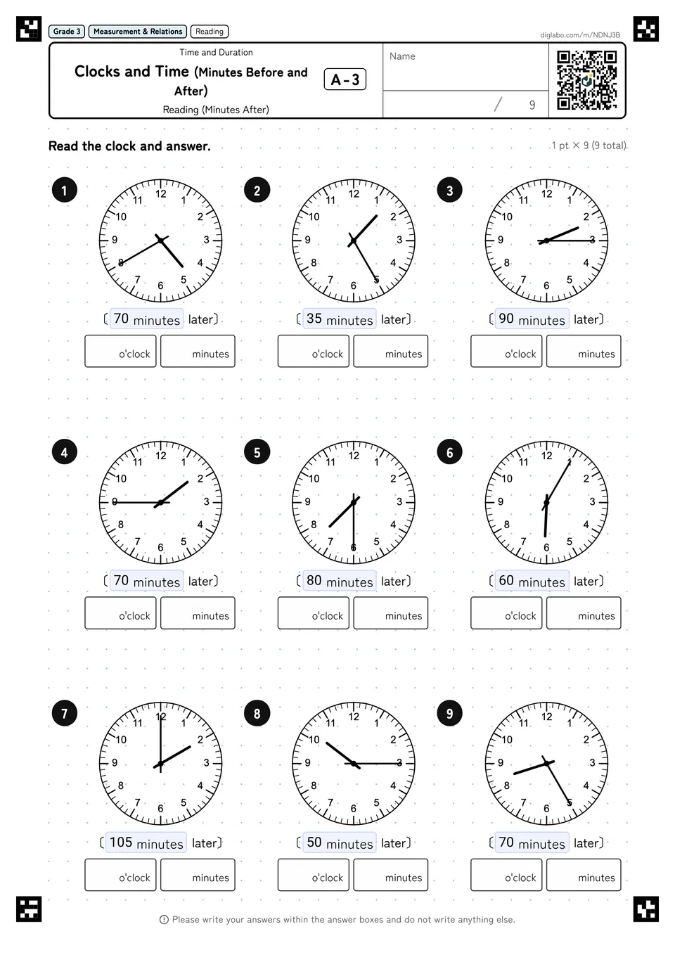 Grade 3 (Elementary School) Time and Duration Clocks and Time (Minutes Before and After)