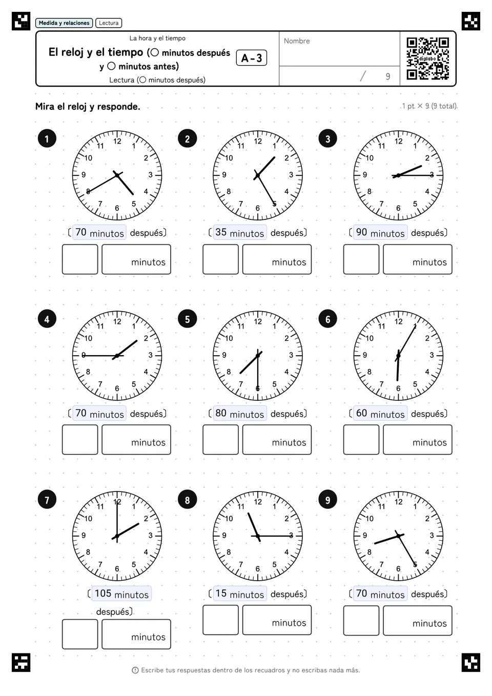 El reloj y el tiempo (○ minutos después y ○ minutos antes) A-3
