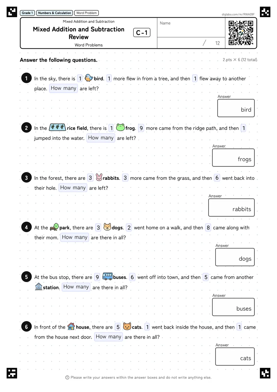 Grade 1 (Elementary School) Mixed Addition and Subtraction Mixed Addition and Subtraction Review