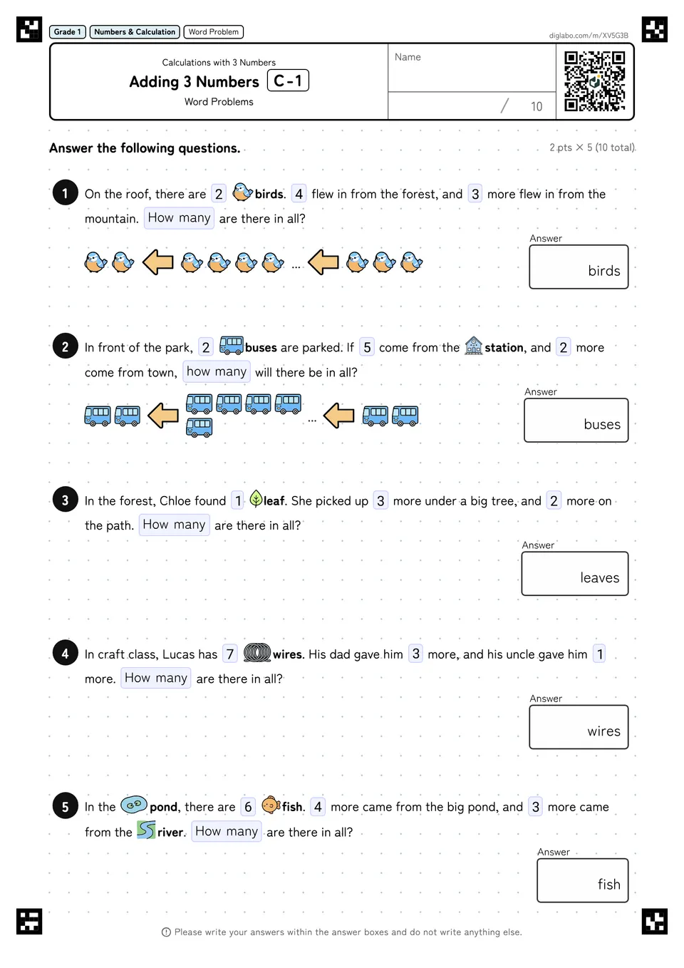 Grade 1 (Elementary School) Calculations with 3 Numbers Adding 3 Numbers
