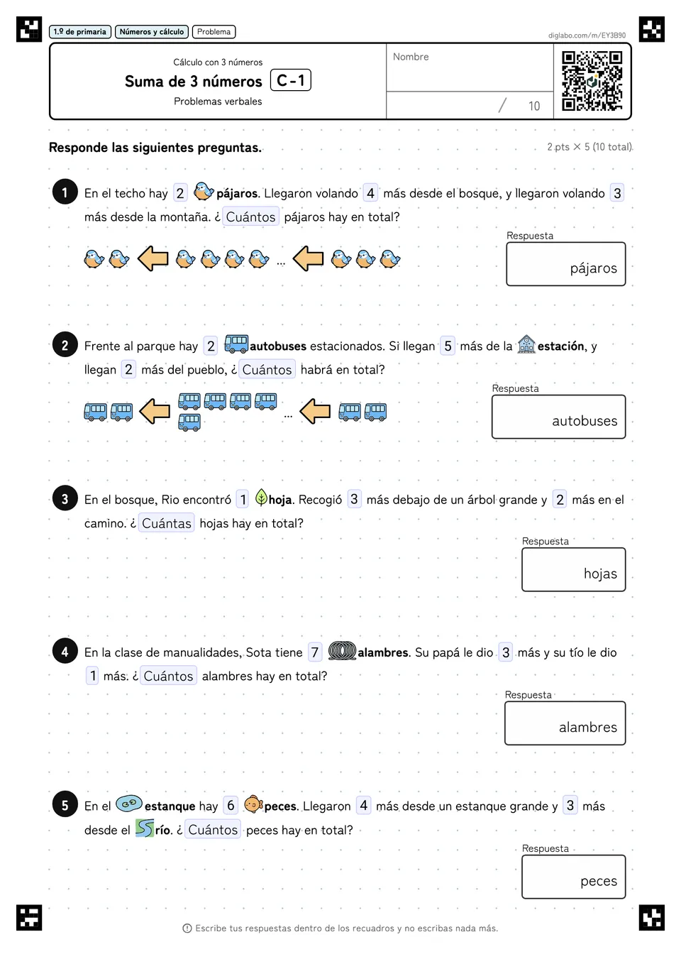 1.º de primaria Cálculo con 3 números Suma de 3 números