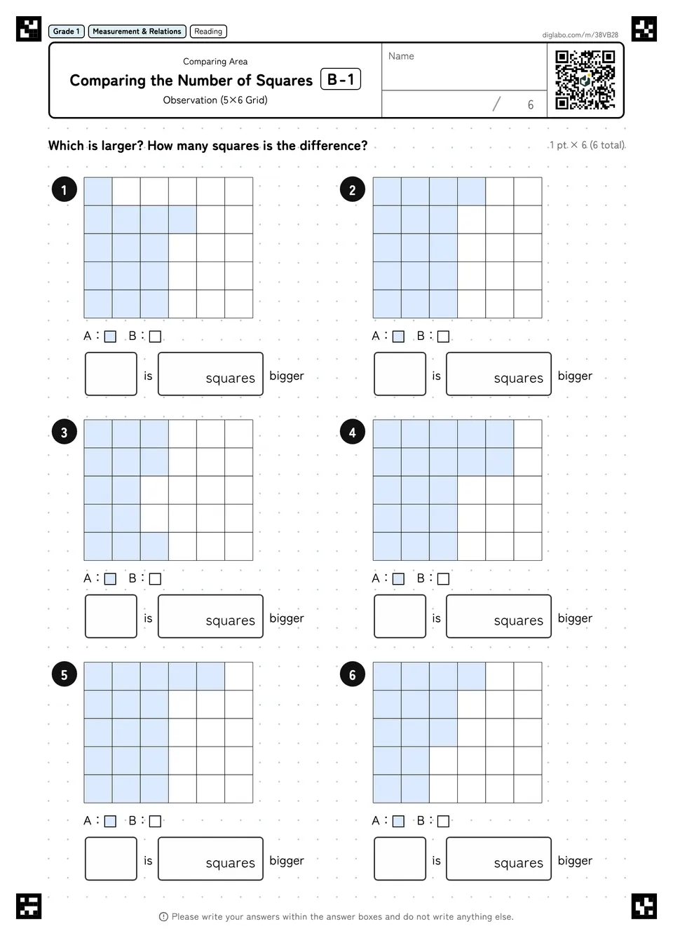 Grade 1 (Elementary School) Comparing Area Comparing the Number of Squares