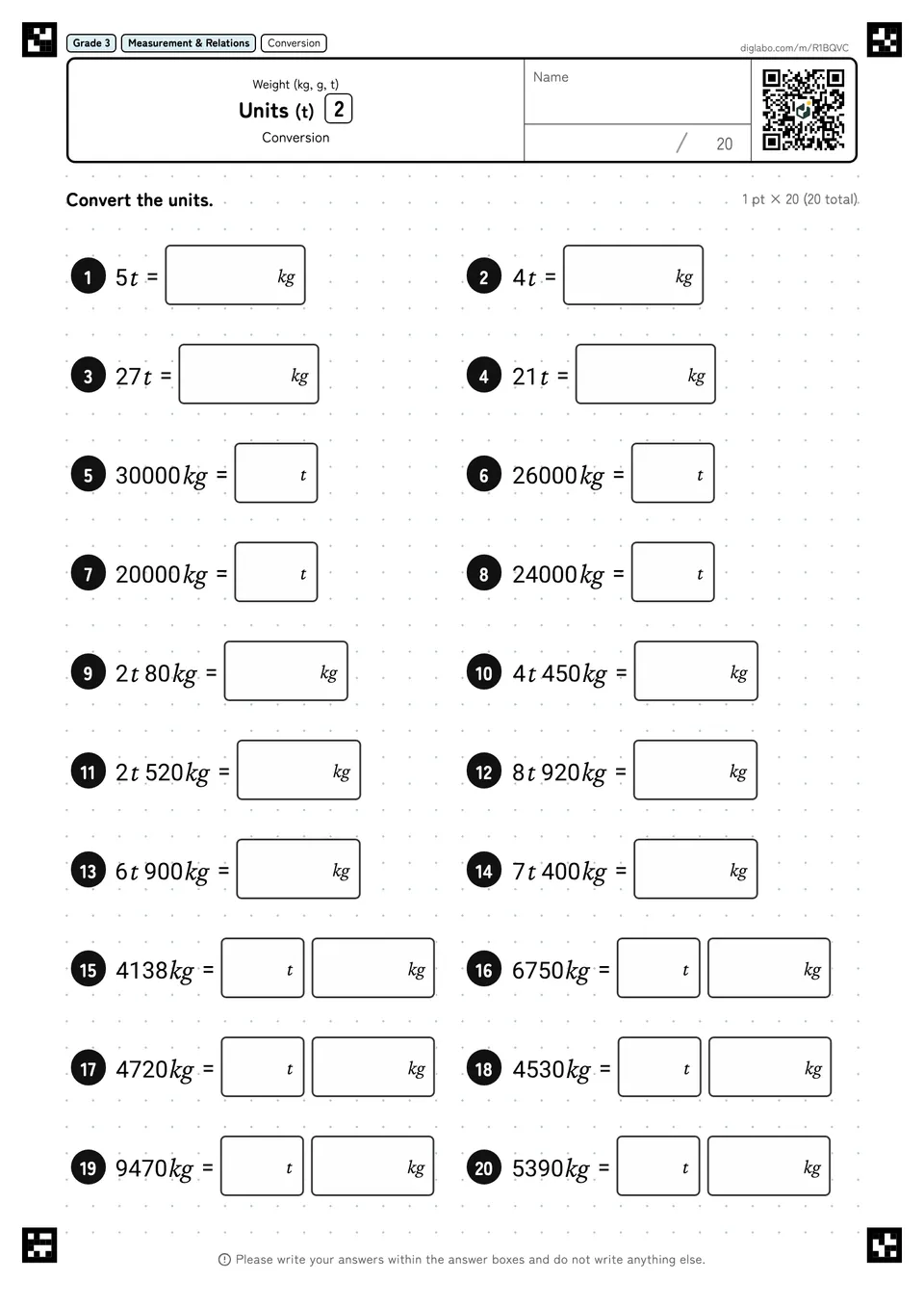 Grade 3 (Elementary School) Weight (kg, g, t) Units (t)