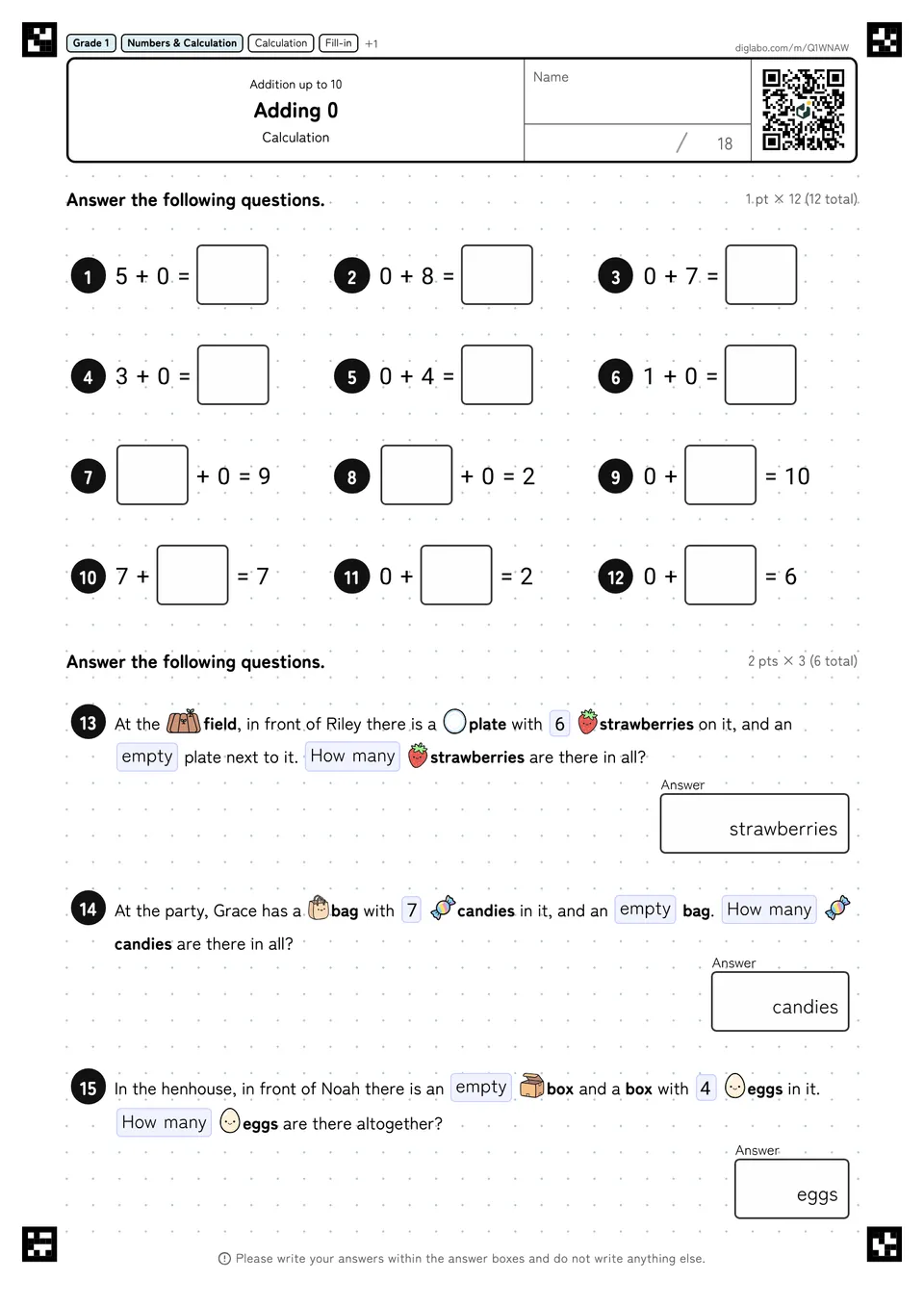 Grade 1 (Elementary School) Addition up to 10 Adding 0