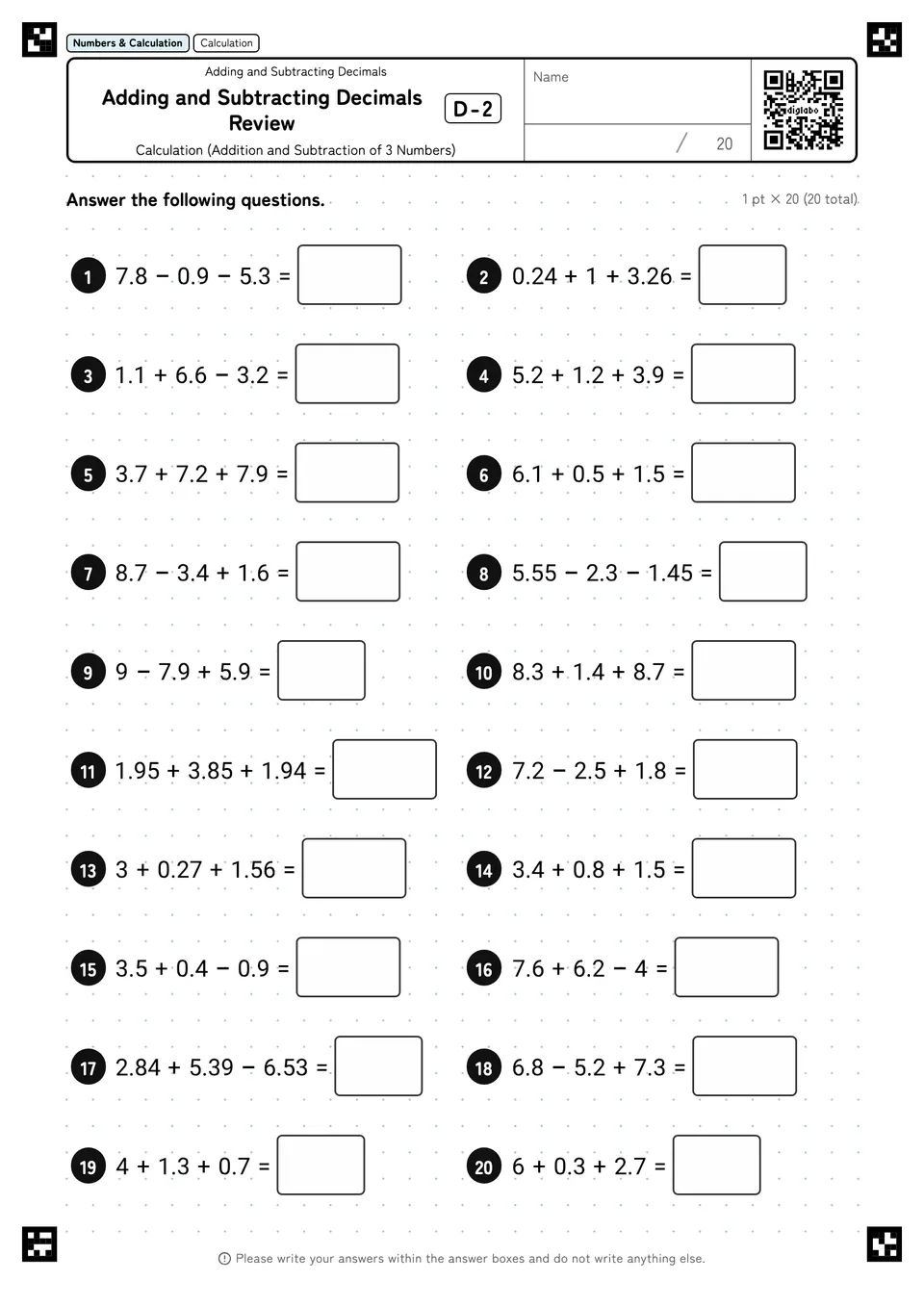Adding and Subtracting Decimals Review D-2