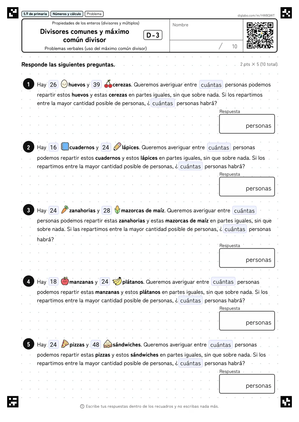 5.º de primaria Propiedades de los enteros (divisores y múltiplos) Divisores comunes y máximo común divisor