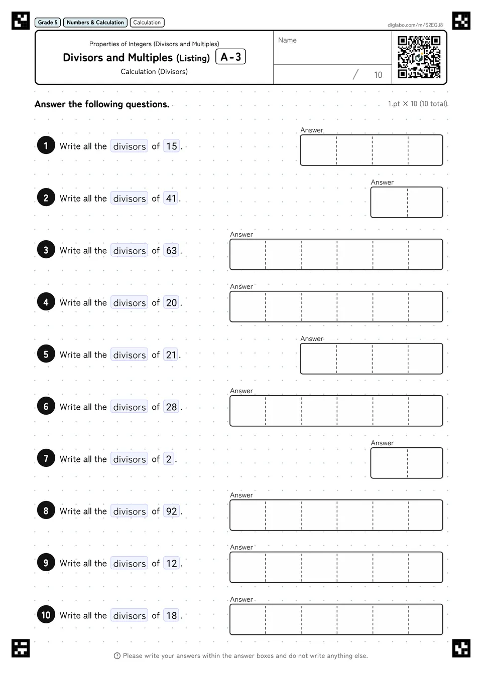 Grade 5 (Elementary School) Properties of Integers (Divisors and Multiples) Divisors and Multiples (Listing)
