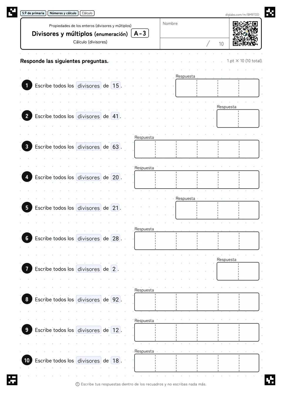 5.º de primaria Propiedades de los enteros (divisores y múltiplos) Divisores y múltiplos (enumeración)