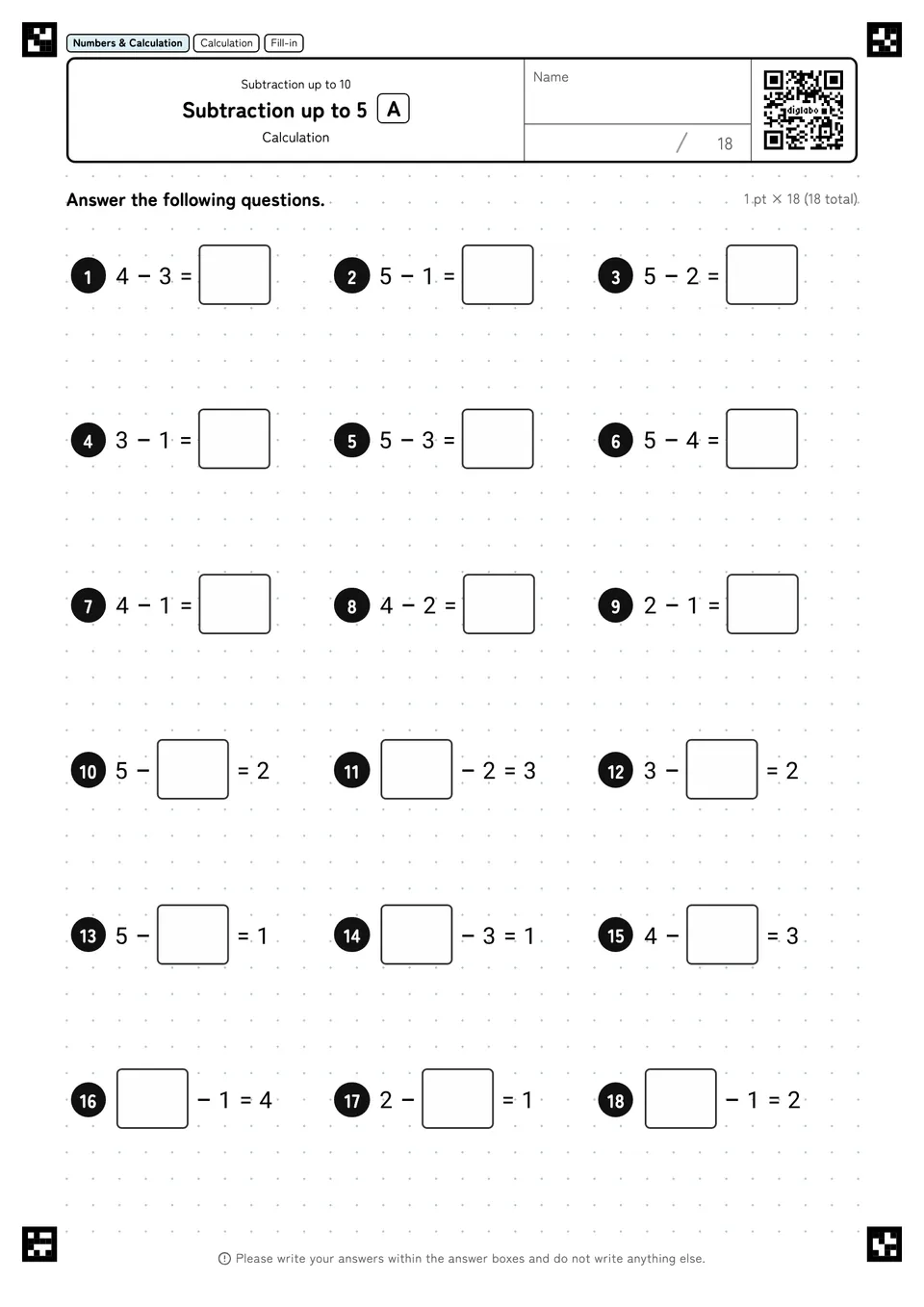 Subtraction up to 5 A