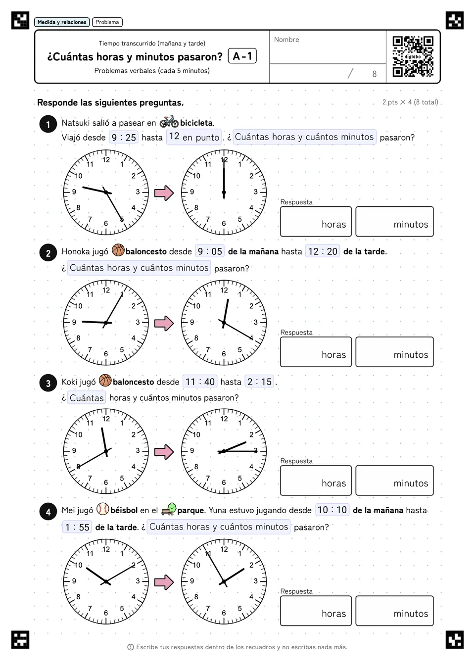 ¿Cuántas horas y minutos pasaron? A-1