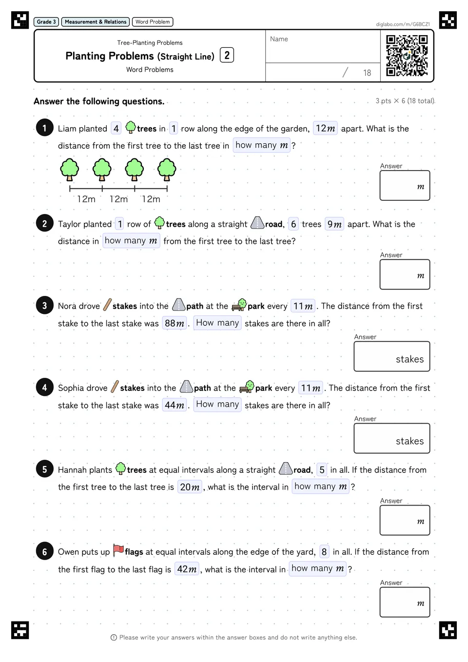 Grade 3 (Elementary School) Tree-Planting Problems Planting Problems (Straight Line)