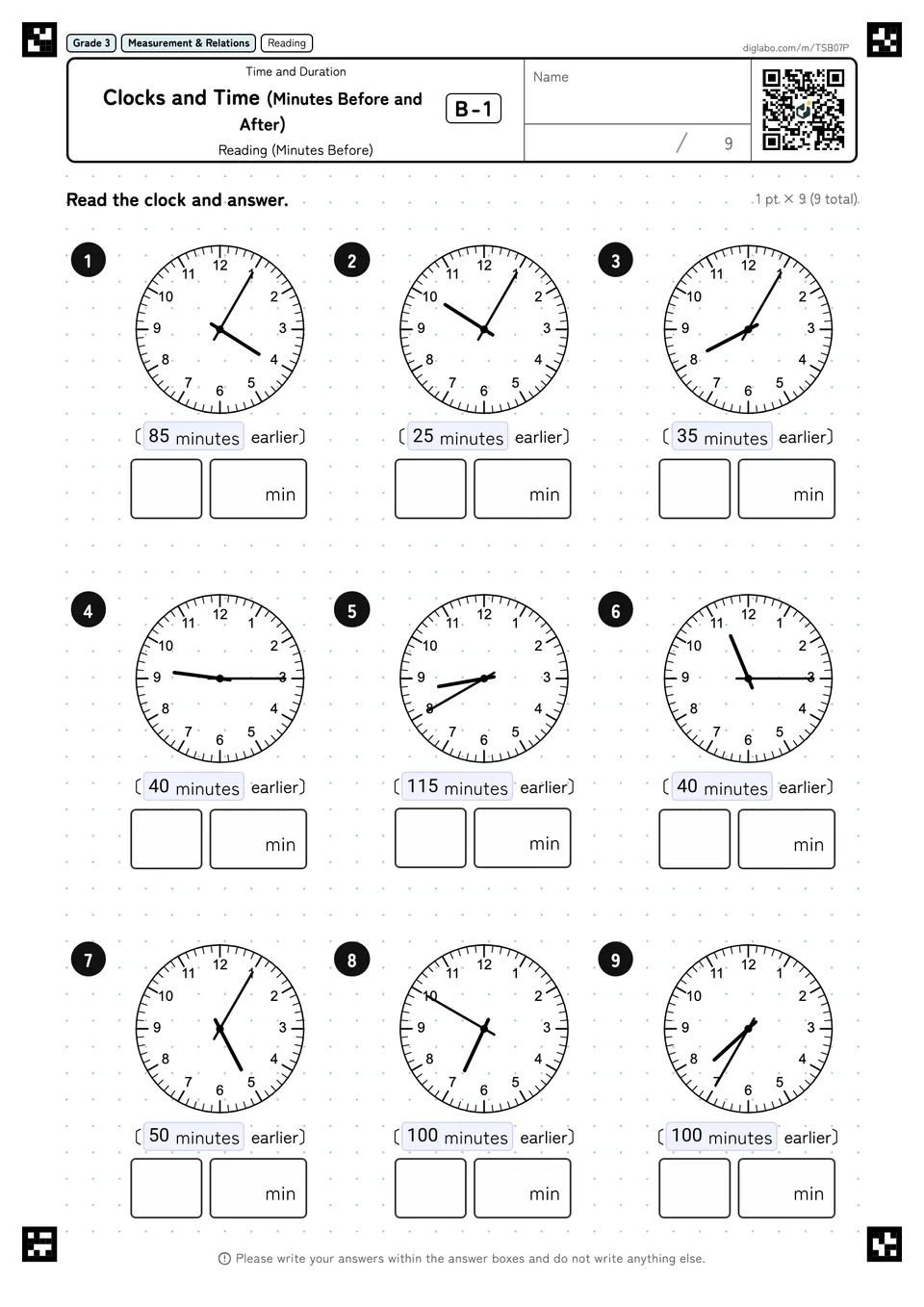 Grade 3 (Elementary School) Time and Duration Clocks and Time (Minutes Before and After)