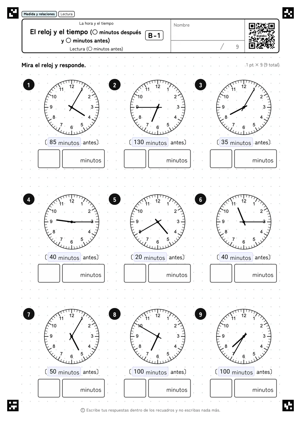 El reloj y el tiempo (○ minutos después y ○ minutos antes) B-1