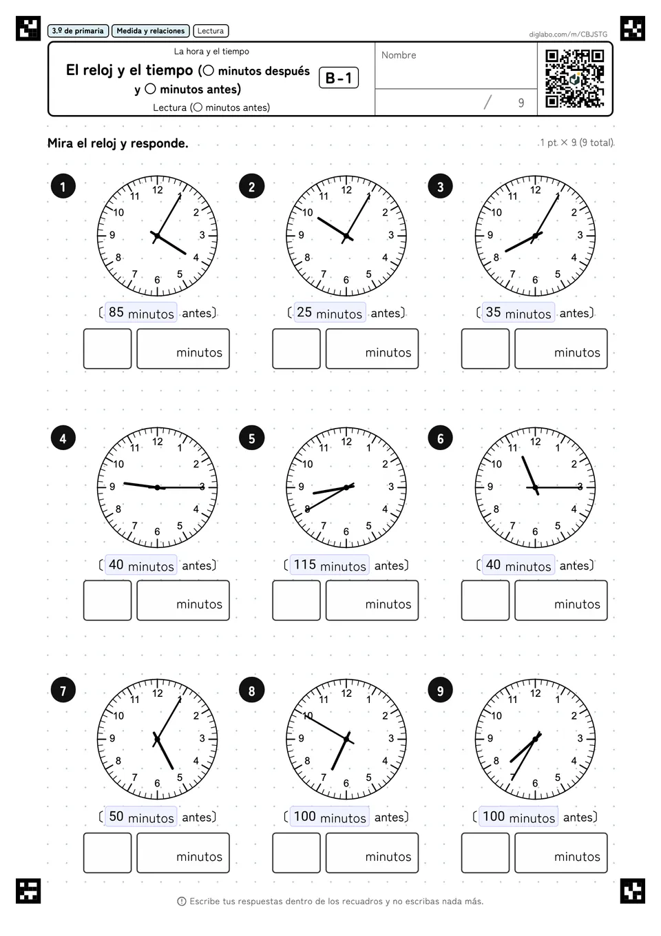 3.º de primaria La hora y el tiempo El reloj y el tiempo (○ minutos después y ○ minutos antes)