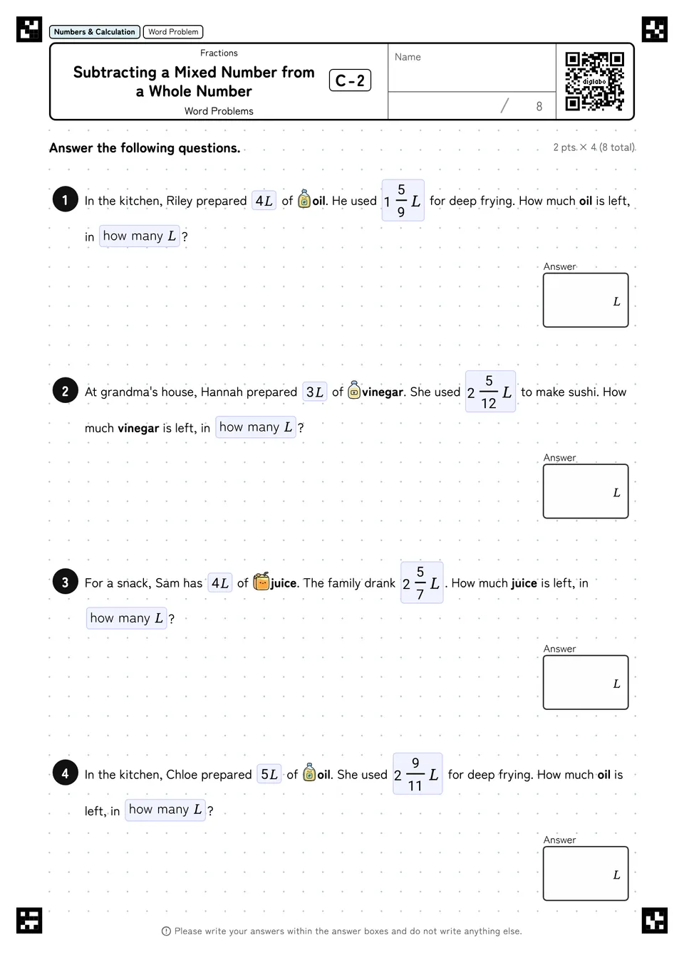 Subtracting a Mixed Number from a Whole Number C-2