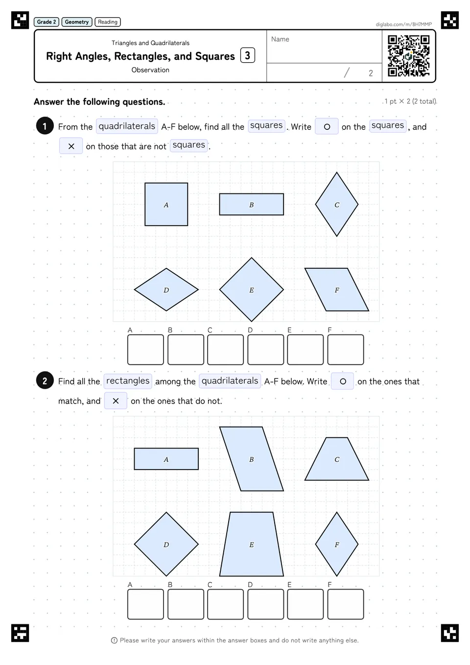 Grade 2 (Elementary School) Triangles and Quadrilaterals Right Angles, Rectangles, and Squares